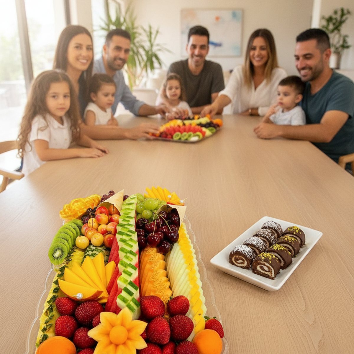 המשפחה נהנית ממגש הפירות הפרימיום